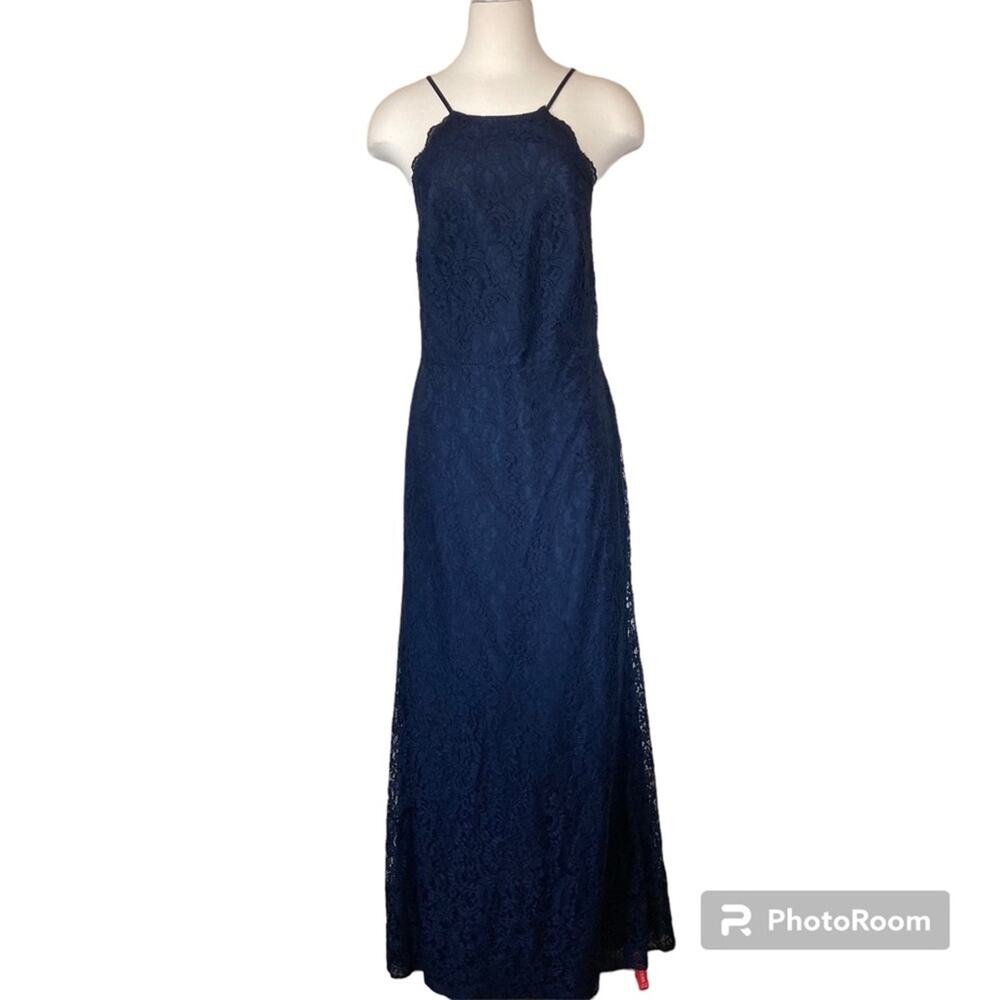 Dessy Collection NWT Halter Cross Back Lace Trumpet Midnight Dress Size 4 - Picture 4 of 9
